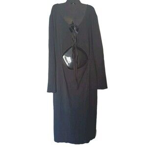 goodtime usa Bodycon Dress Size 3X Black Lace Up V Neck Midi Stretch Long Sleeve